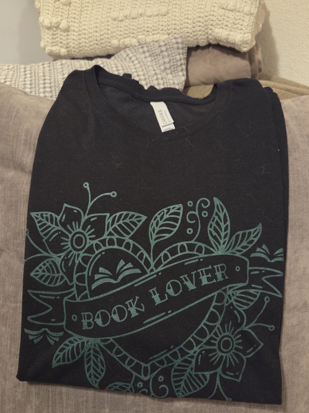 NWOT Black Short Sleeve Tee with Teal Graphic - "Book Lover" Book Themed Gifts